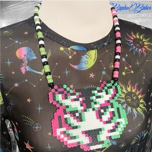 Pink Teal Green White Tiger Animal Trippy Glitch Rave Festival Accessories Kandi